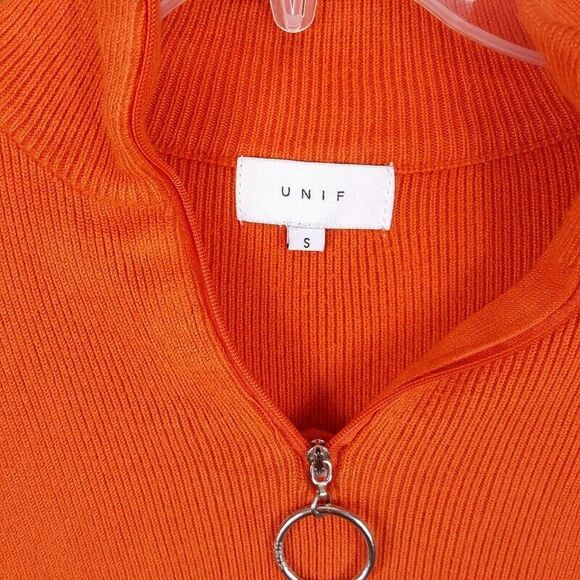 UNIF Top Womens Small Orange Ribbed Knit Bodysuit 1/4 Zip Mock Neck Stretch - Picture 2 of 7